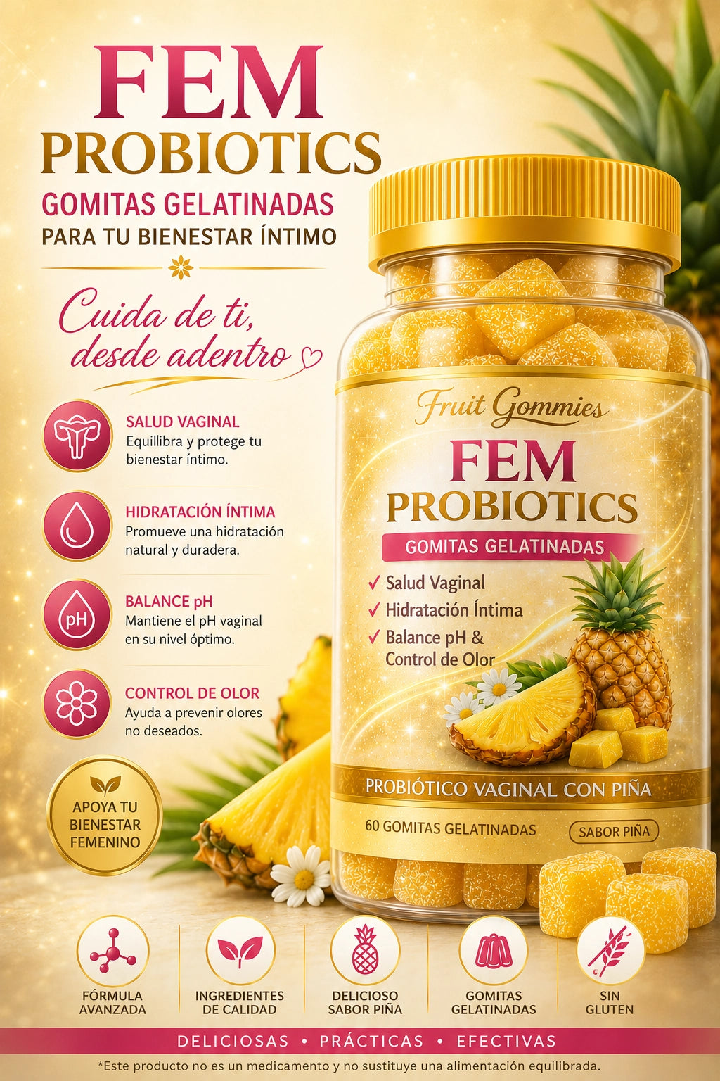 FEM PROBIOTICS: gomitas con probióticos de piña que equilibran tu flora íntima en 15 días